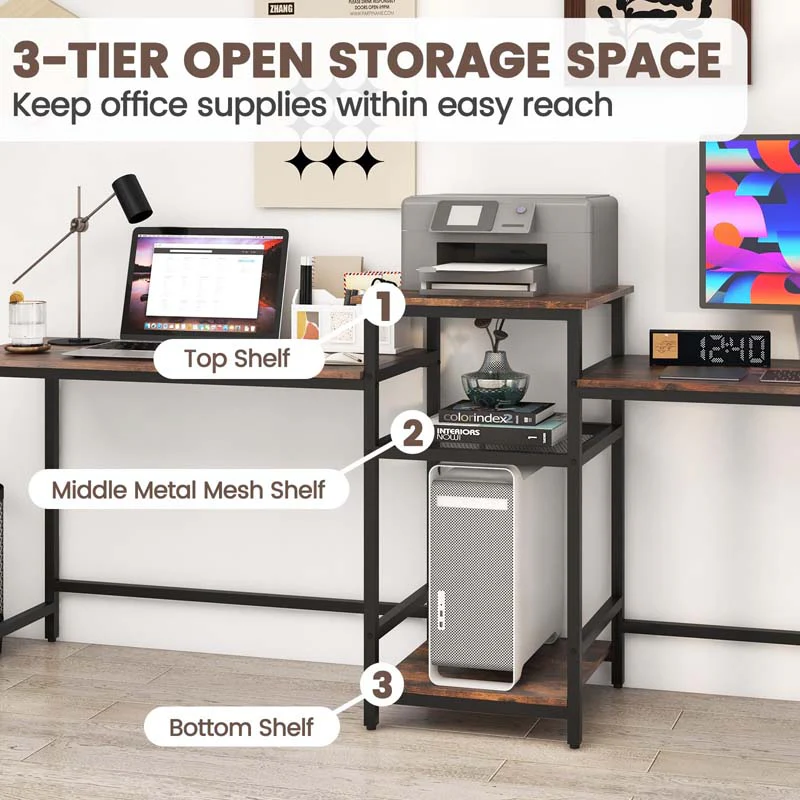 Eletriclife 2-Person Computer Desk with Power Outlet and Printer Stand