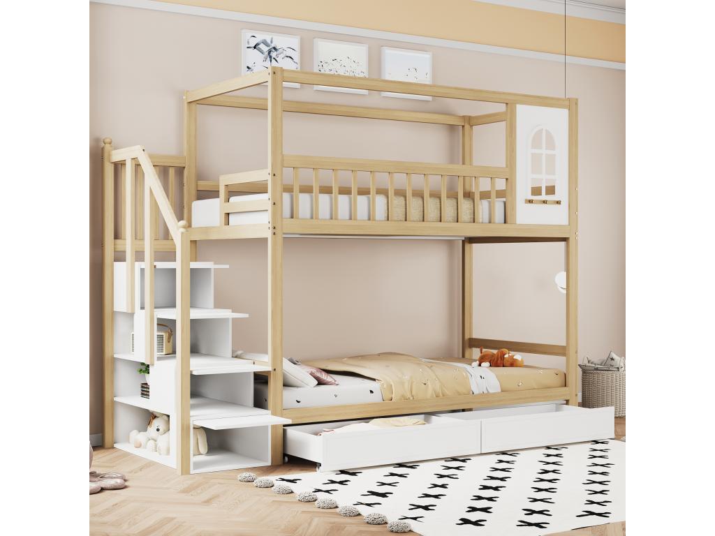 Literas 2x90x200 cm con 2 cajones estantes y escaleras - Lluesmahome maciza - natural blanco (sin colchón) 36327MYKQ