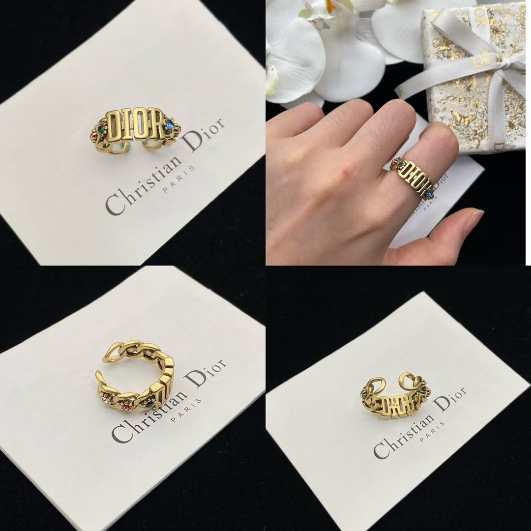 Dior Letters Color Gem Paved Open Ring - Original Replica Club