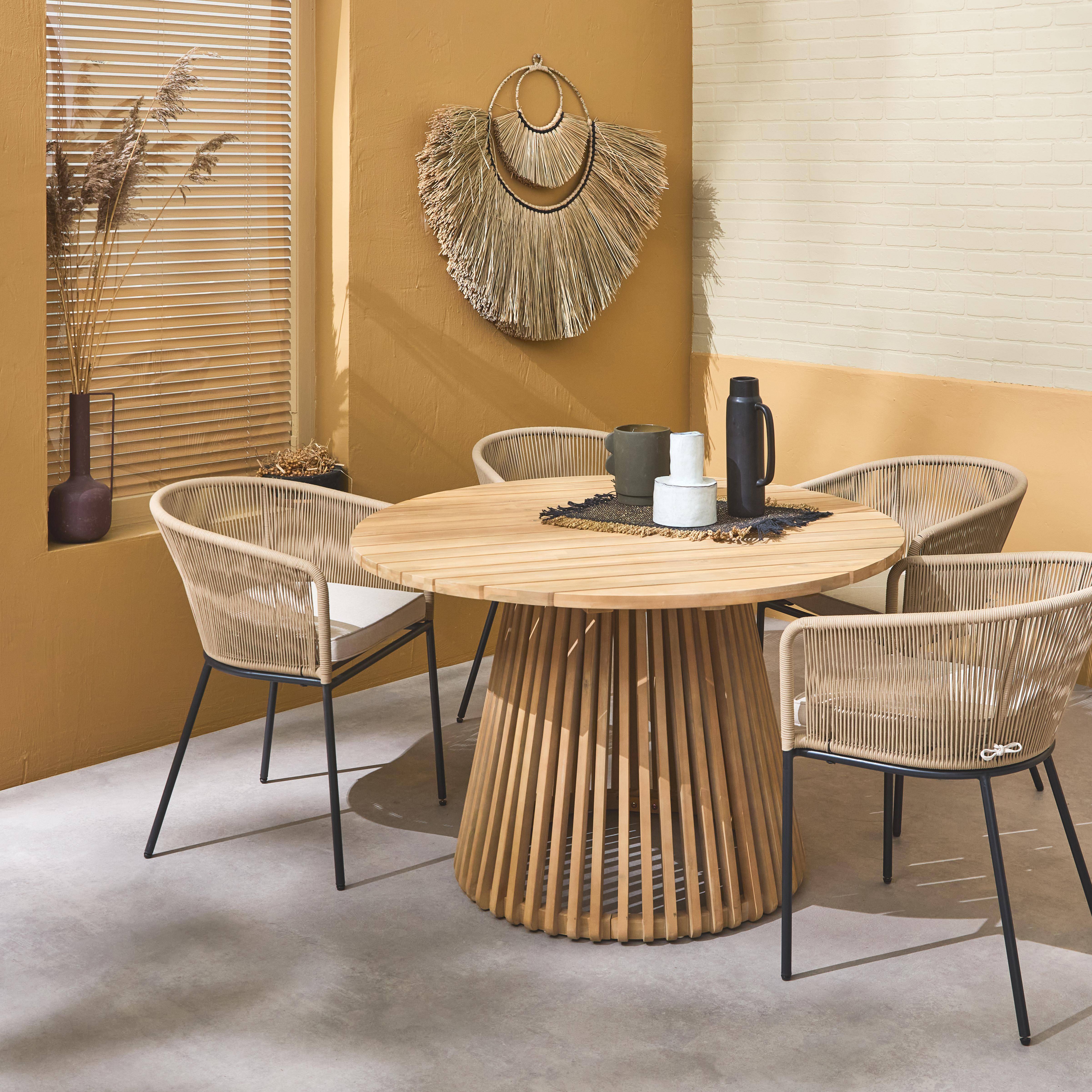 Oviedo + Santos - Mesa de comedor redonda de madera, interior/exterior + 4 sillones de cuerda y acero