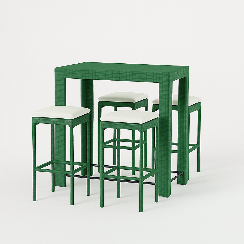 Bar de jardín, 1 mesa alta con 4 taburetes, color verde.