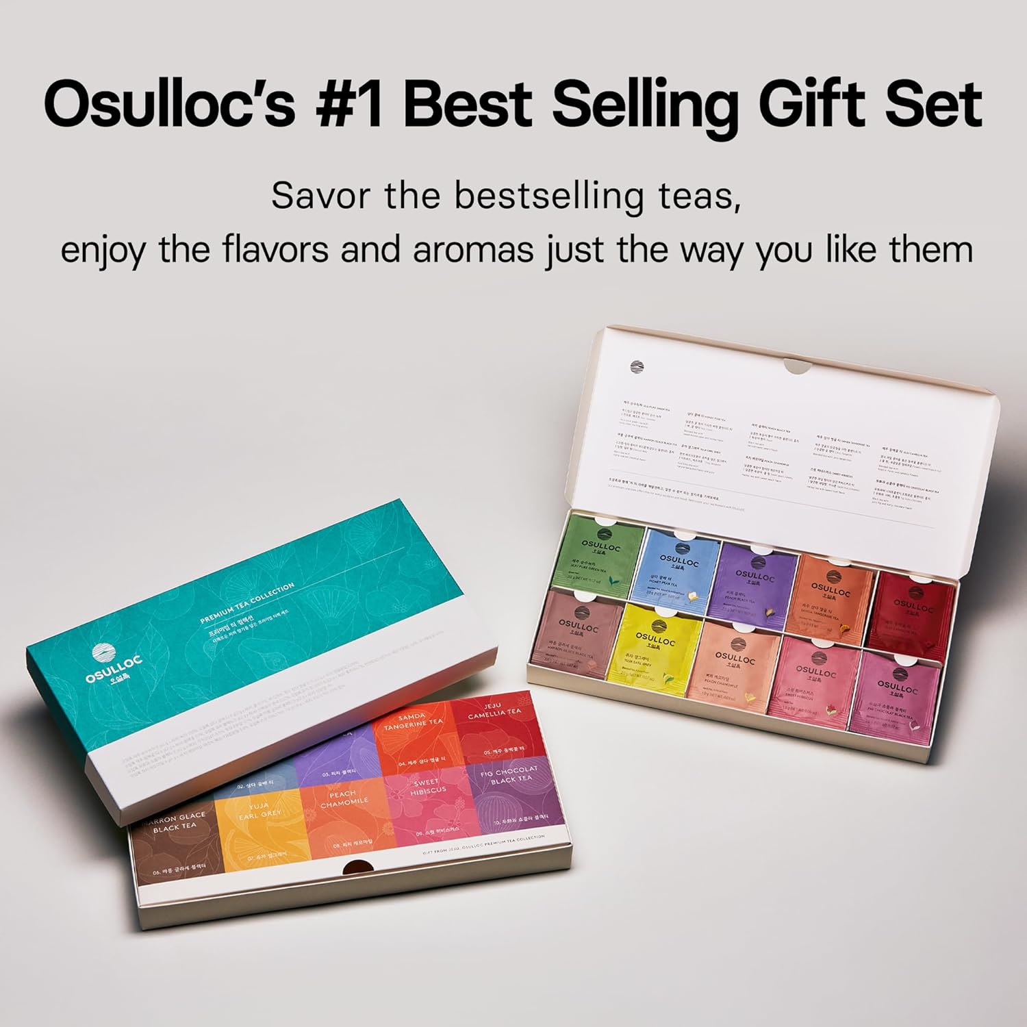 OSULLOC Premium Tea Collection (40 count, 10 flavors x 4 ea), Mothers Day Gifts, Self Care Sampler Gift Box Variety Pack, Premium Organic Pure & Blended Tea from Jeju