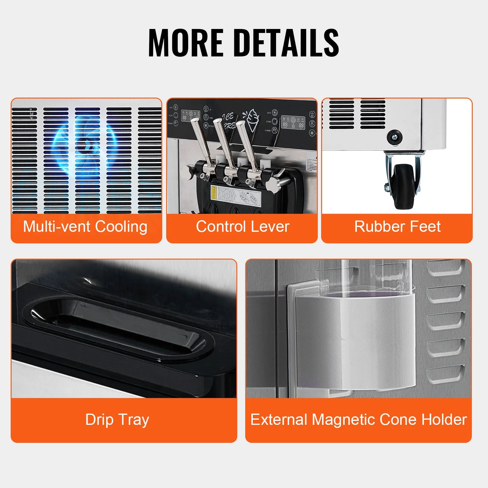 KFFKFF Soft Serve Ice Cream Machine for Commercial Use, 34-44 L/H Production, 3400W, Triple Flavor, Freestanding Design, Dual 9L Stainless Hoppers, LED Control for Single Cylinder - Image 2