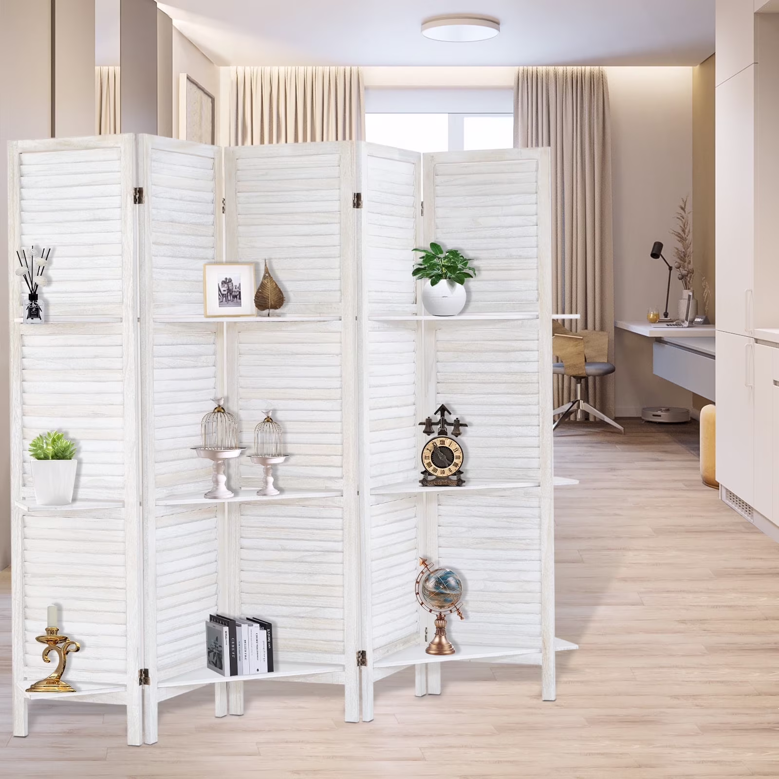 6-Panel Room Divider with Shelves5.6ft Tall Folding Privacy Screen Panels, Room Divider Wall, Divider for Room Separation, Room Divider ShelvesEffectively Block SightNatural - Image 7
