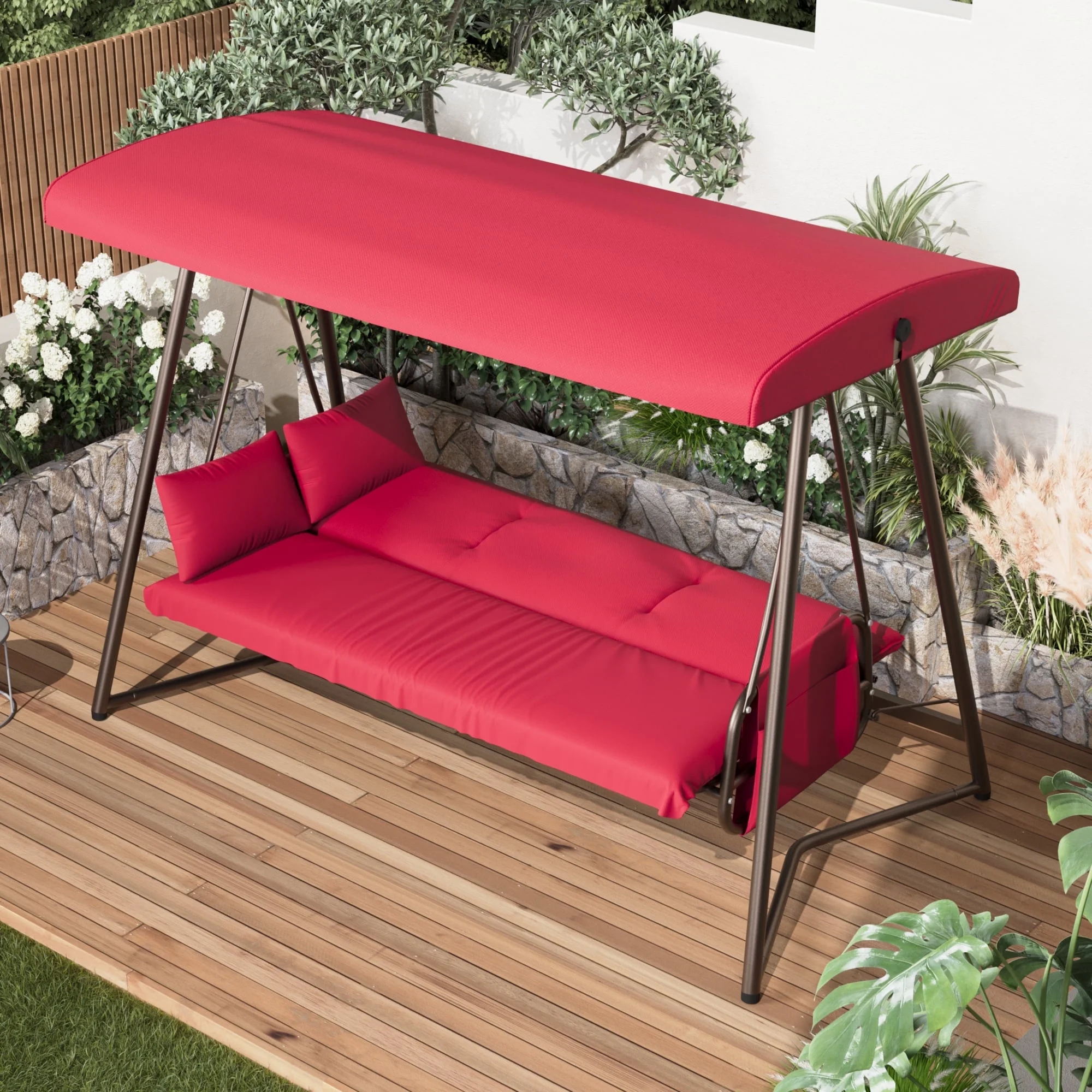 CHINNLUU Oversized 4 Person Porch Swing with Stand 800 LBS Capacity Adjustable Canopy Backrest Includes Cushions Pillows Patio 2 in 1 Swing Bed for Backyard Garden Poolside, Champagne - Image 17