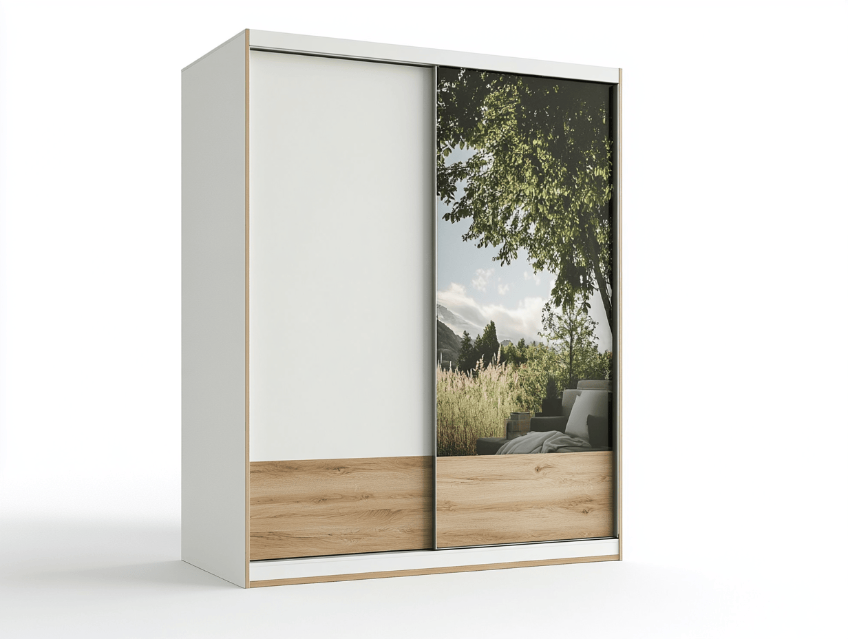 Armario con puertas correderas – 160×60×200 cm – blanco y roble – con impresión decorativa panorámica – estilo contemporáneo