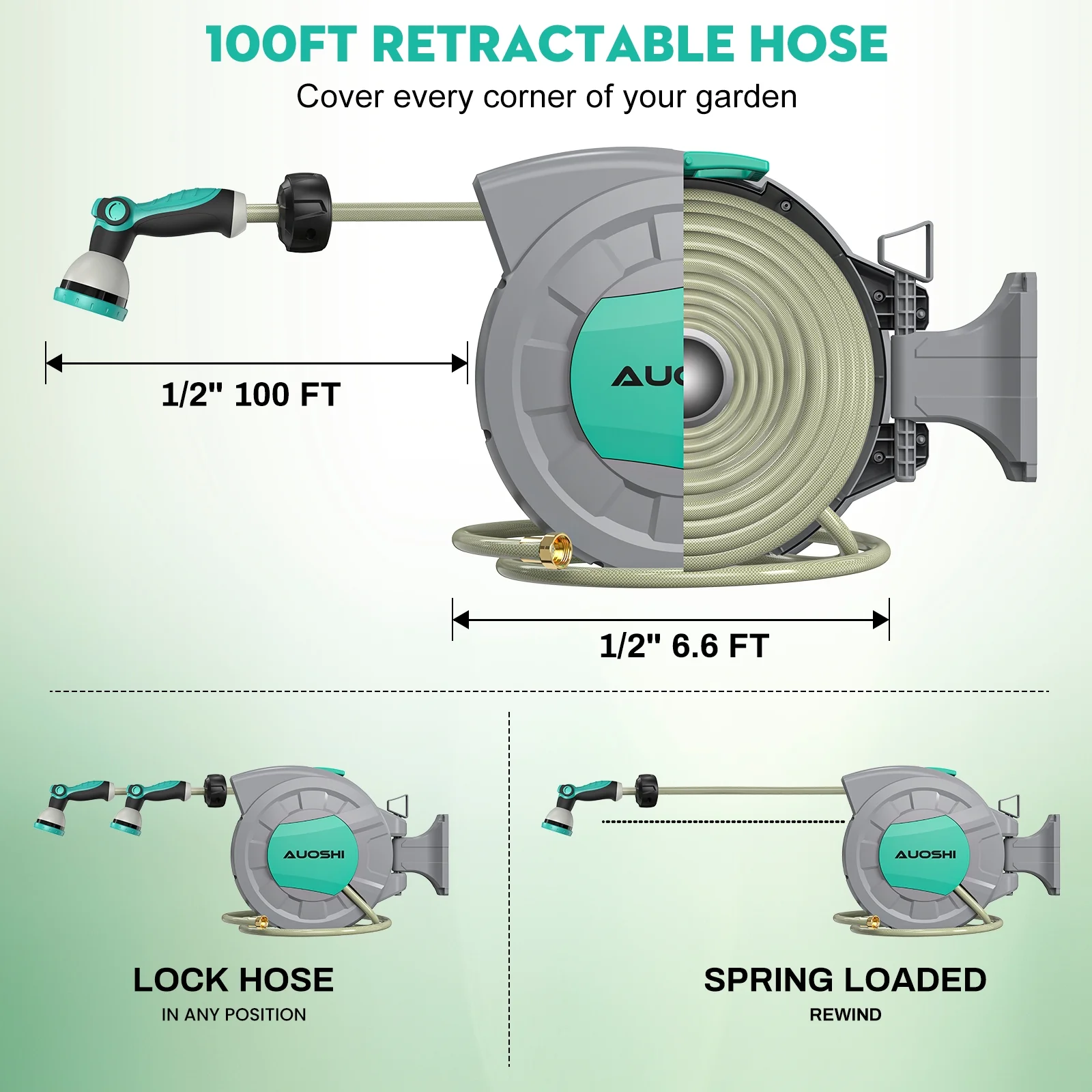 AUOSHI Retractable Garden Hose Reel 1/2" 100ft Automatic Hose Reel with 10 Function Sprayer Nozzle Wall Mount 180 Deg Swivel Bracket Hose Reel with Any Length Lock Slow Return System - Image 8