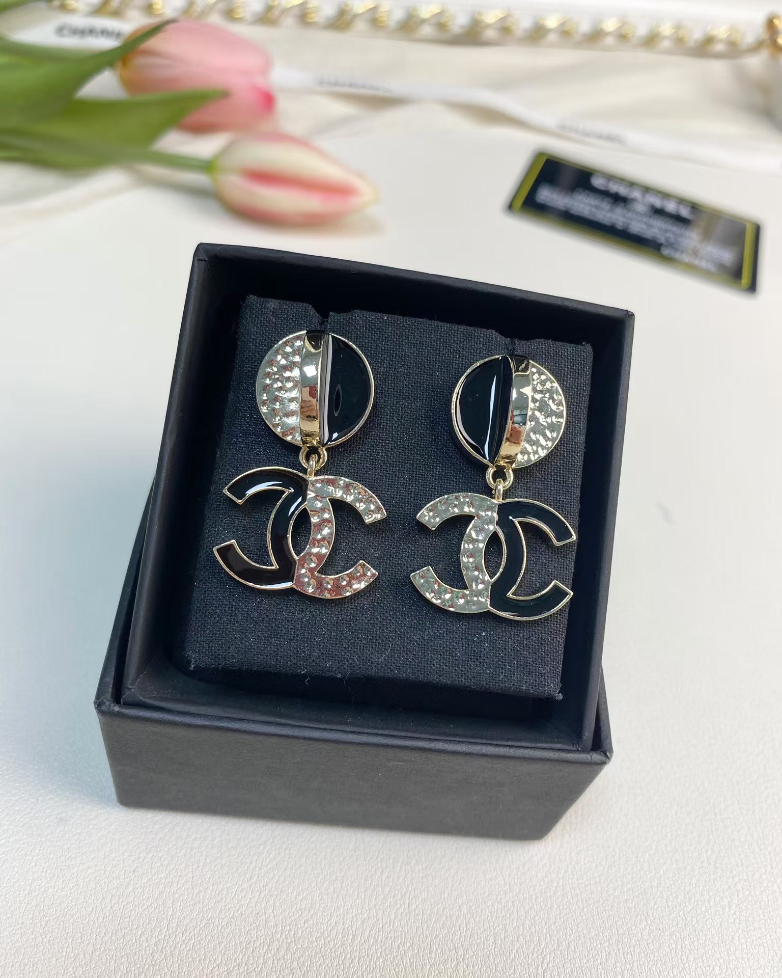 Chanel Half Black Enamel Double C Dangle Earrings - Original Replica Club