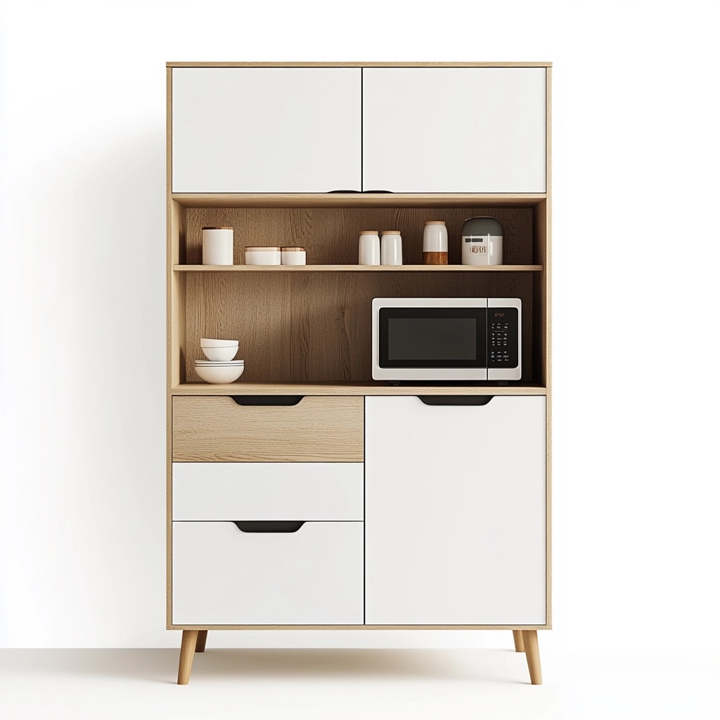 Armario de cocina multifuncional con puertas y estantes de madera y acabado blanco para almacenamiento y organización en comedor o sala de estar TG3682857