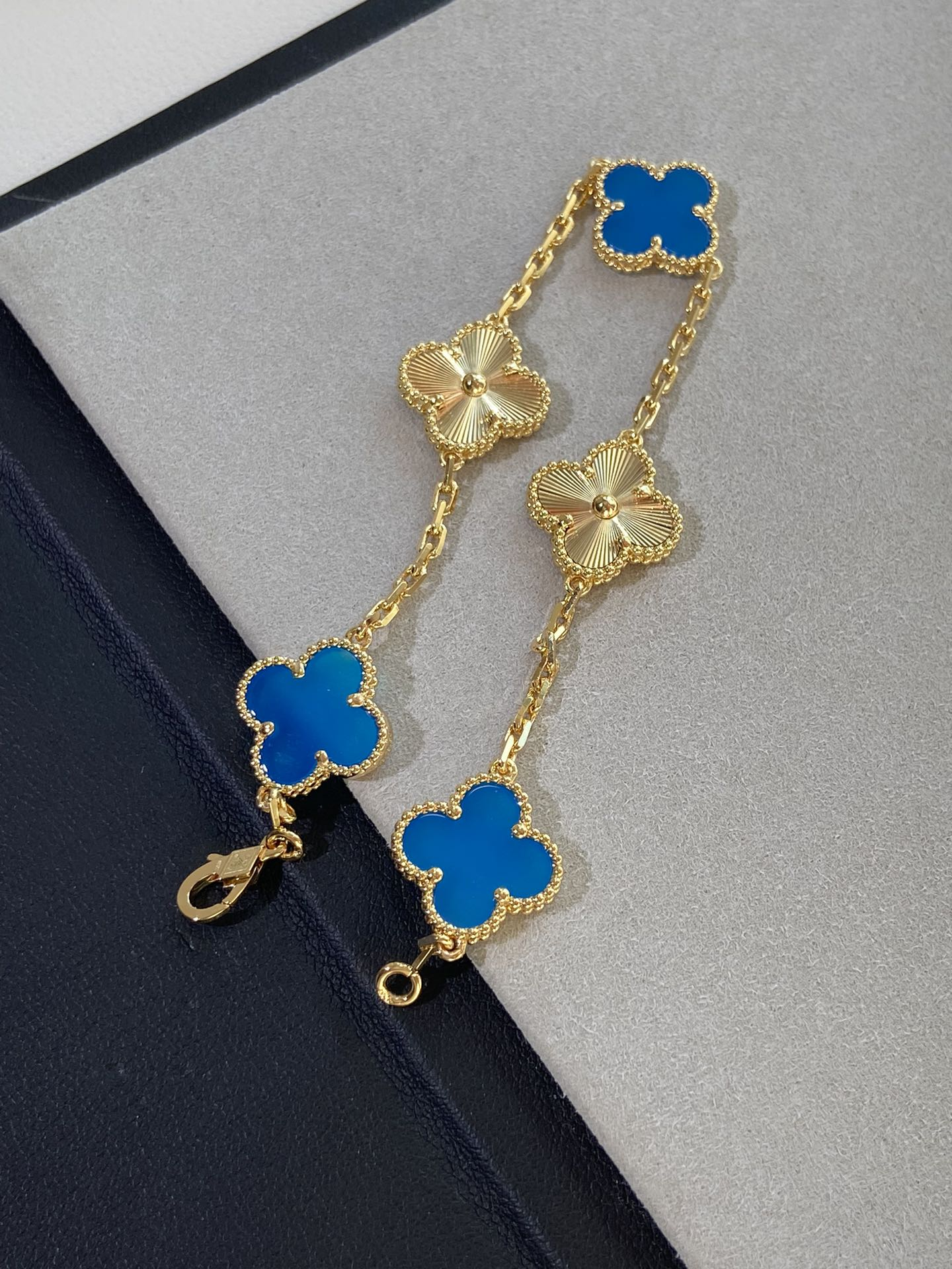 VCA Blue Agate and Gold Guilloche Clover Vintage Alhambra Bracelet 5 Motifs - Original Replica Club