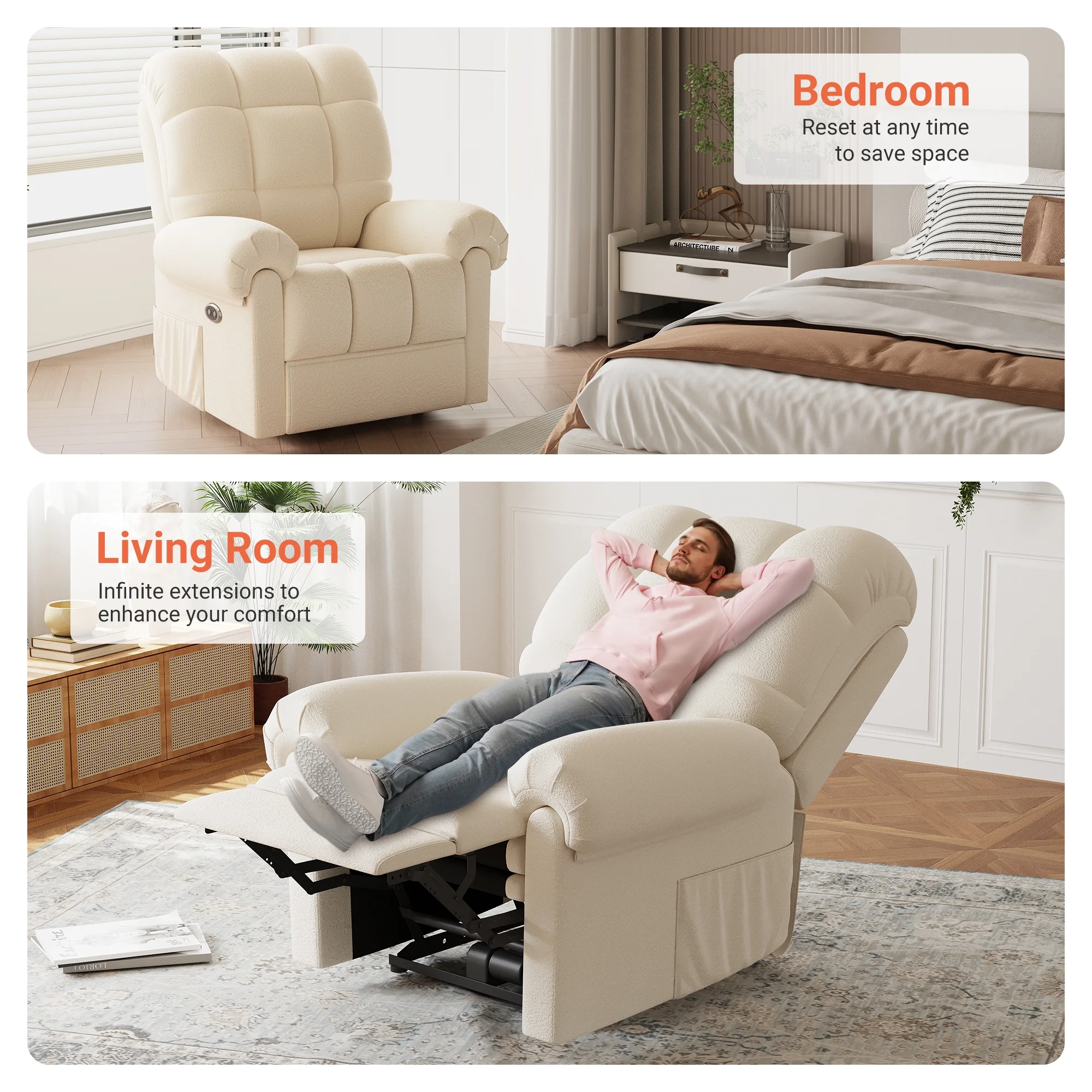 Power Recliner Chair,Electric Recline Sofa Chair for Adults with USB Port,Comfy Teddy Fleece Adjustable Cloud Sofa,Tool-Free Setup,Beige White - Image 13