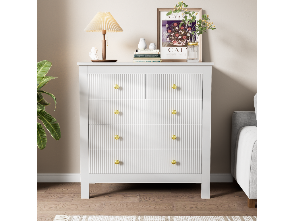 Cómoda con 5 cajones - 79 x 80,5 x 39,5 cm - Tablero de partículas - para salón, dormitorio - Color blanco