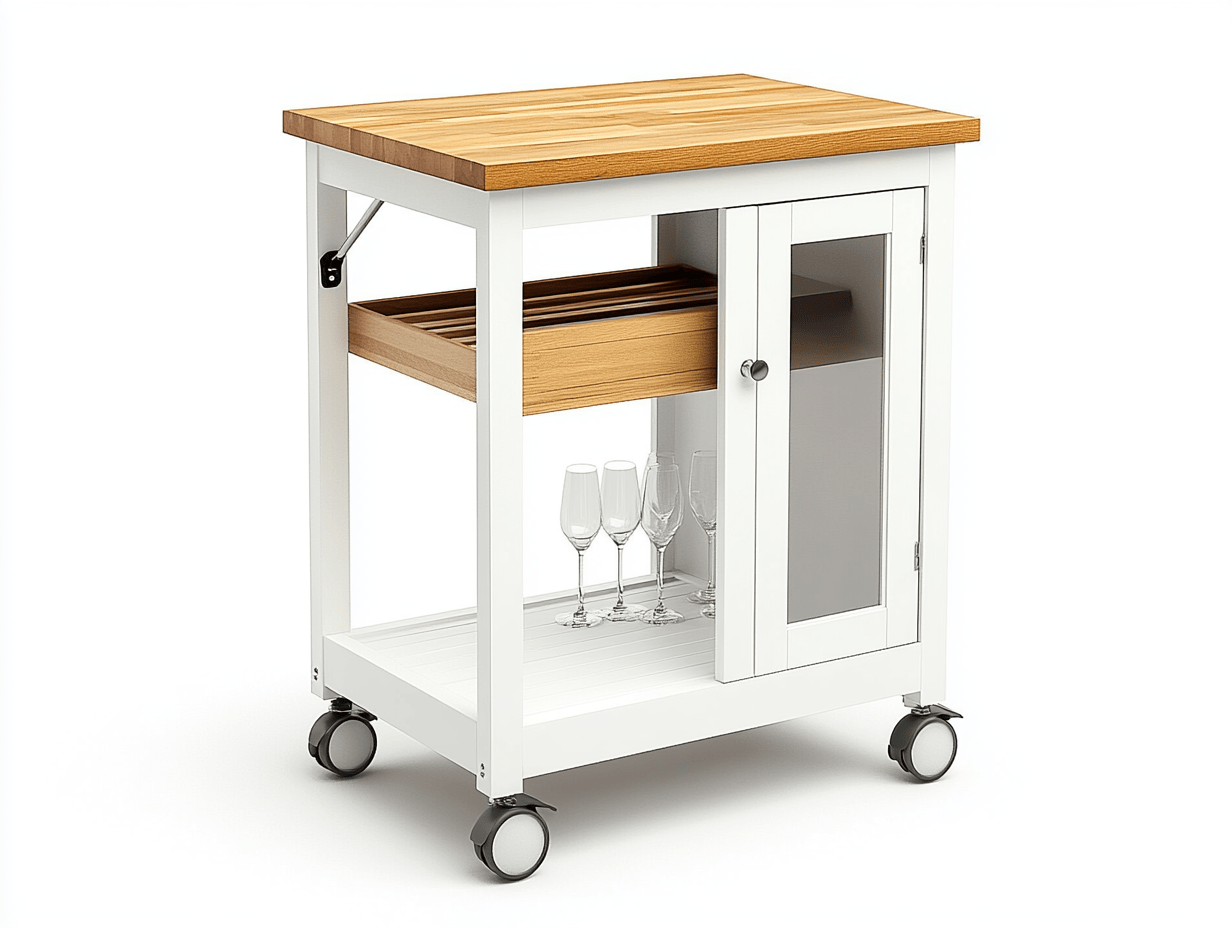 Carro de cocina con ruedas 70×40×85 cm – estructura blanca con encimera de madera – cajón abierto y armario con puerta de vidrio