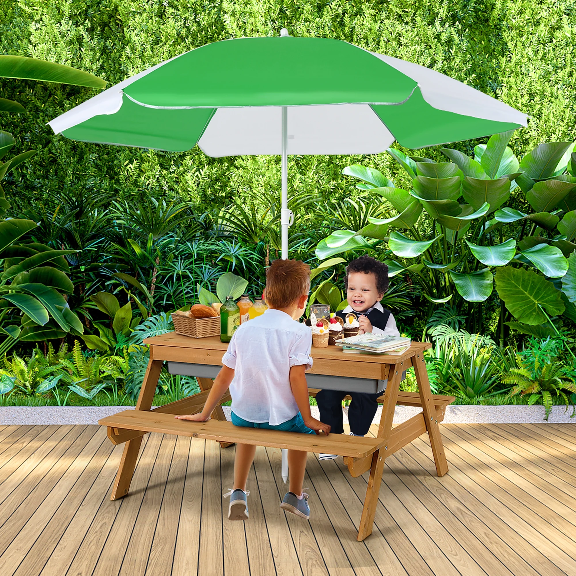 Costway 3-in-1 Kids Picnic Table Wooden Outdoor Sand & Water Table with Umbrella Play Boxes Green - Image 24