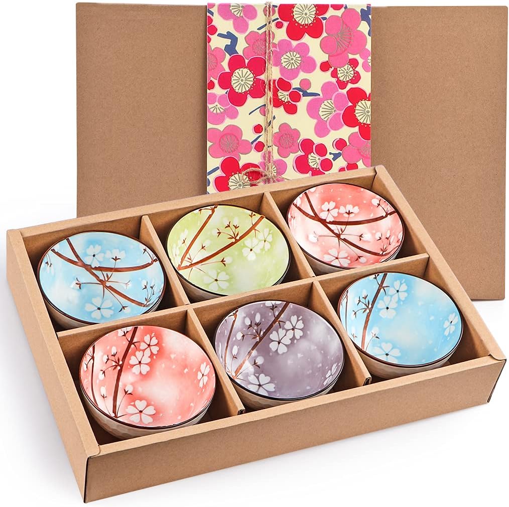 Ceramic Rice Bowls 10 oz, Sakura Bowl Gift Set, Assorted Color Dinnerware Serving Bowls for Rice, Cereal, Noodle, Soup, Desserts, Pack of 6 (Cherry Blossom)