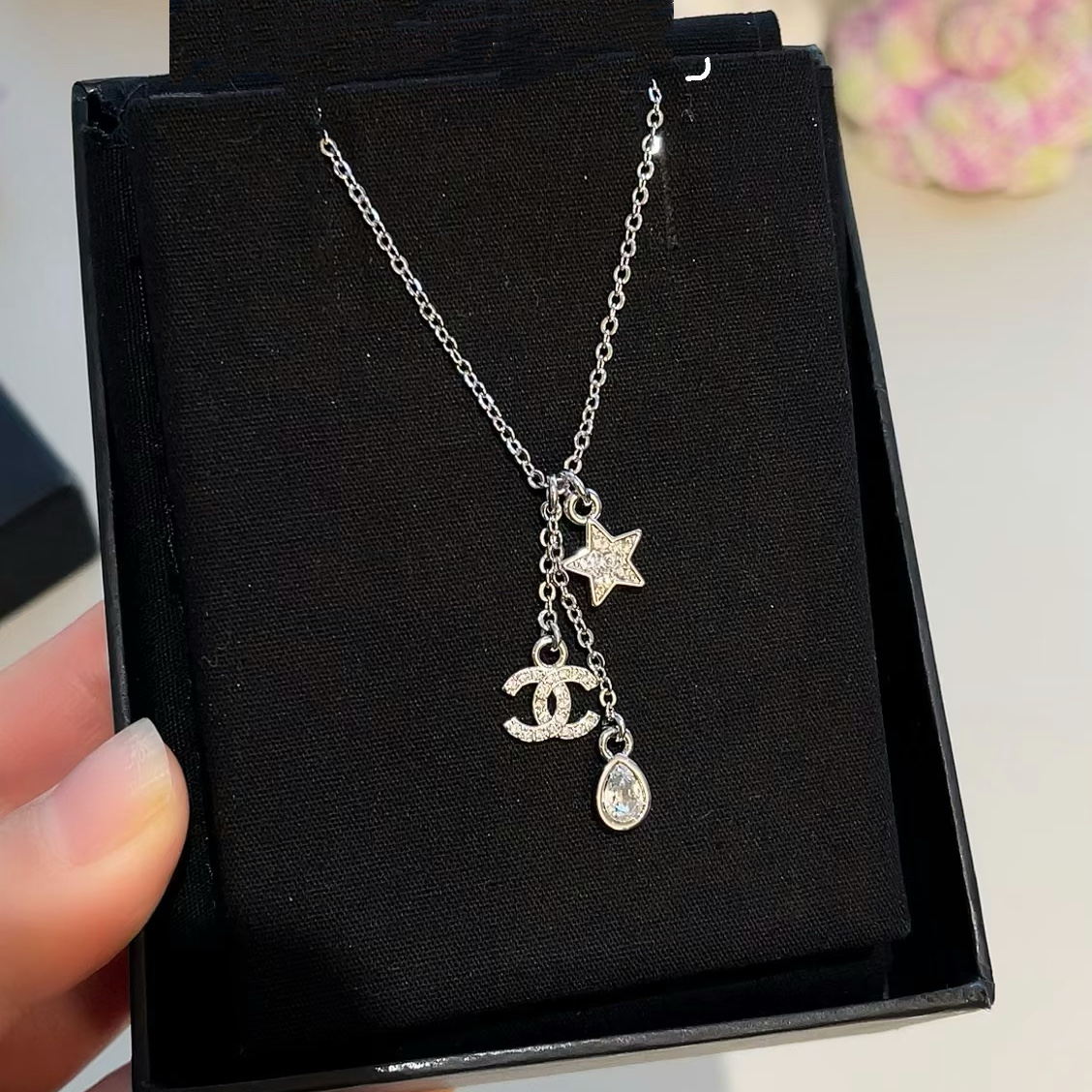 Chanel Silver Necklace with Star Teardrop CC Pendant - Original Replica Club