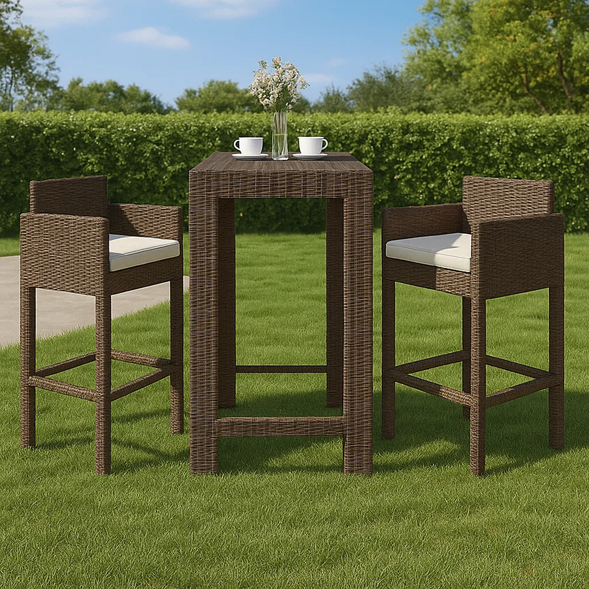 Conjunto de bar para jardín 3 pzas ratán sintético marrón con cojines beige – mesa alta y 2 taburetes