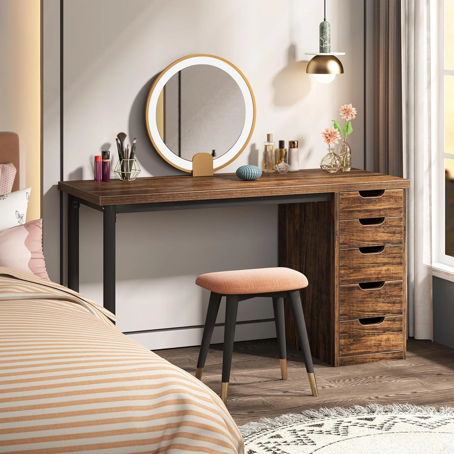 Tribesigns 47 inches Vanity Desk with 5 Drawers, Rustic Makeup Dressing Table with Storage, Modern Simple Computer Desk for Women, Girls (Brown) - Image 20