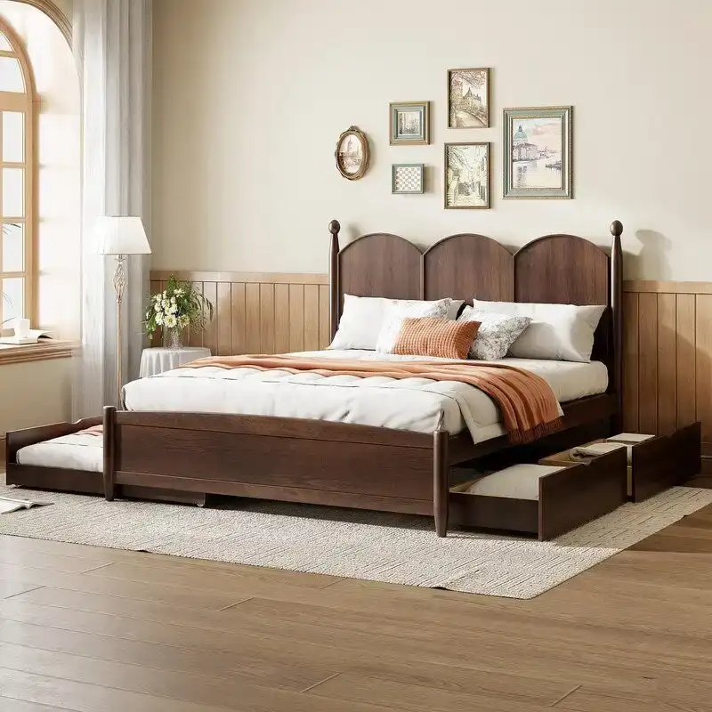 Queen Size Platform Bed with Vintage Headboard - Multifunctional Storage Frame Featuring Twin XL Trundle & 2 Drawers