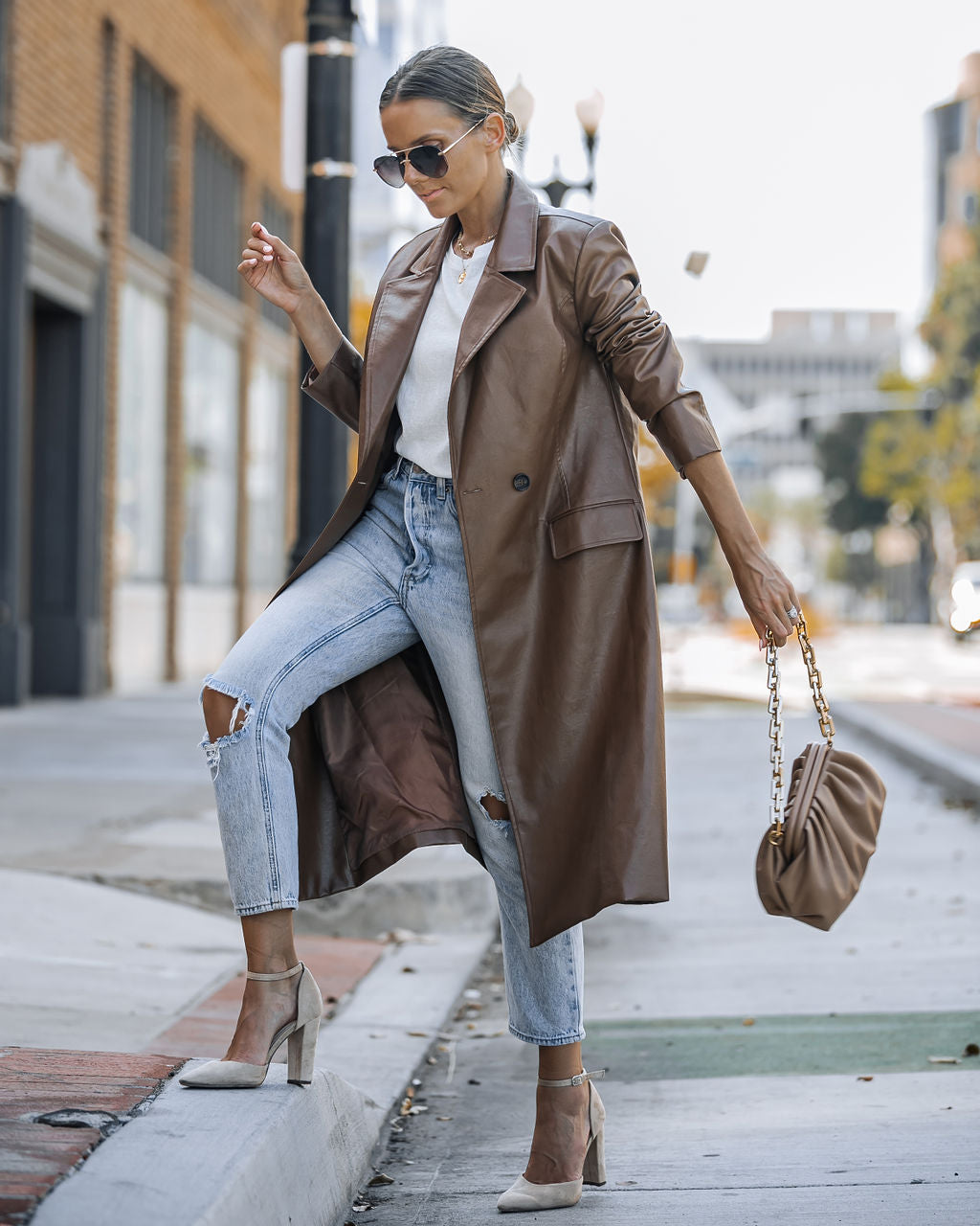 Top Of The Press Pocketed Faux Leather Trench Coat - Chestnut - Se7enfashion