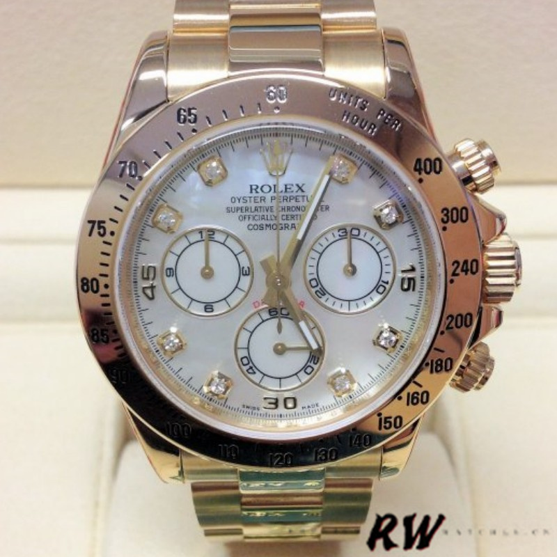 Rolex Daytona 116528 Yellow Gold Mother of Pearl Diamond Dial 40mm Mens Replica Watch