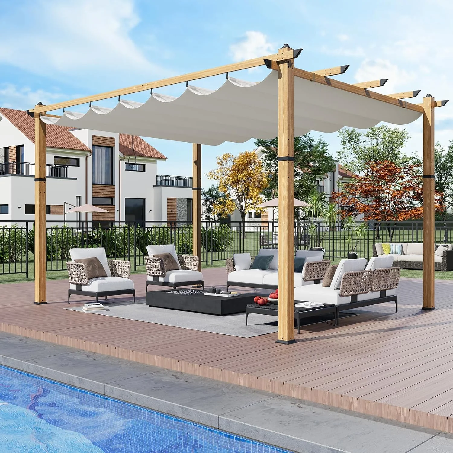 EastVita 10x10 Ft Aluminum Pergola,Outdoor Pergola with Adjustable Canopy,Reinforced Frame Metal Pergola for Backyard,Garden and Deck - Khaki - Image 23