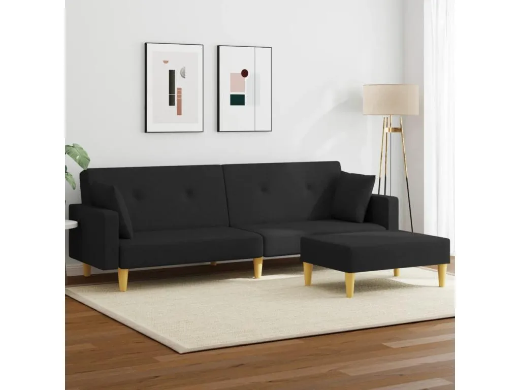 Sofá cama de 2 plazas con taburete tela negro