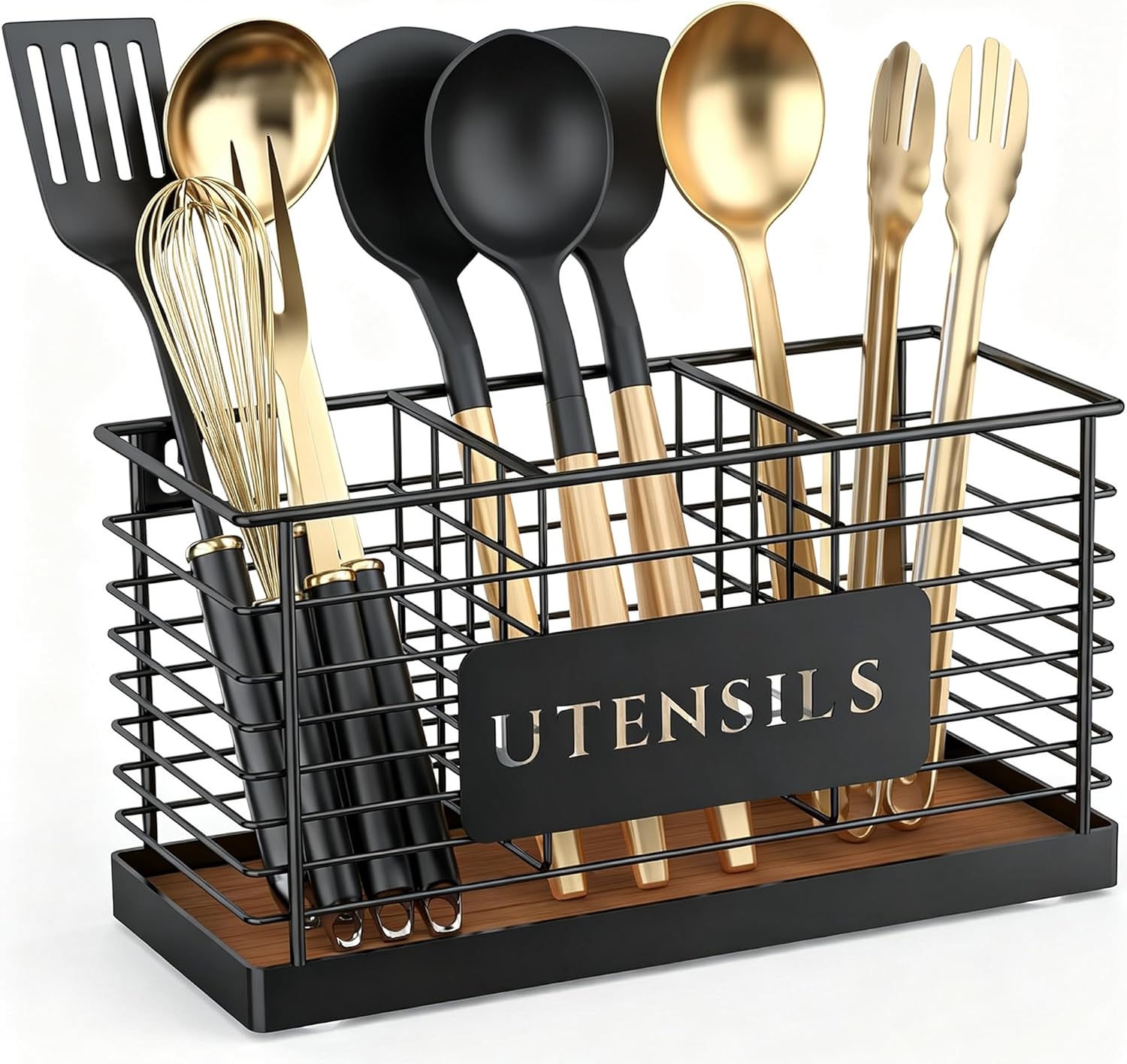 THYGIFTREE Utensil Holder for Kitchen Counter with Diatomaceous Earth Base, Large Black Metal Cooking Tool Organizer with 3 Compartments, Countertop Utensil Holder for Spatula and Kitchen Utensils