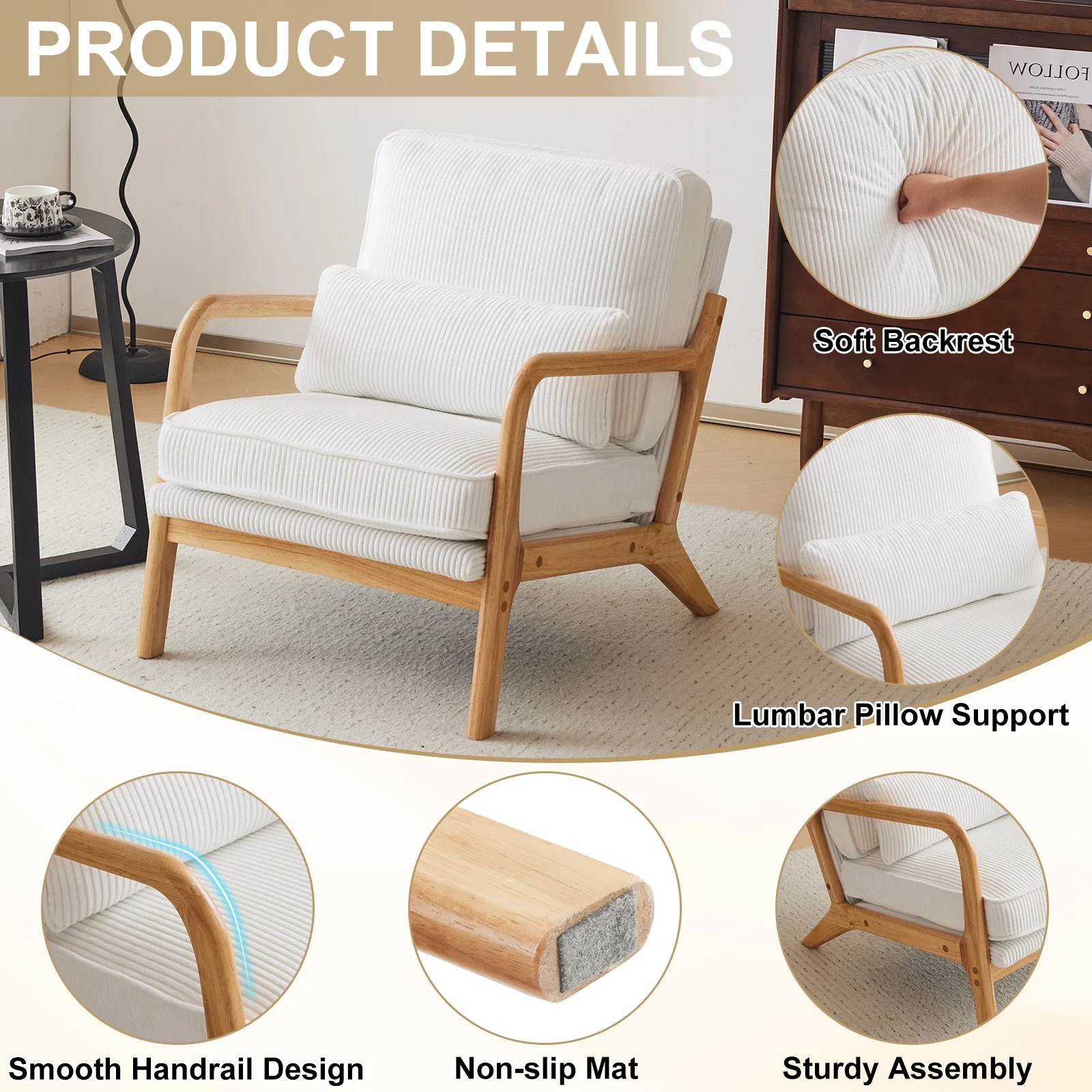 Ktaxon Accent Chair Corduroy Upholstered Armchair, Reading Club Chair with Pillow and Solid Wood Frame for Living Room Bedroom Furniture Off White - Image 153