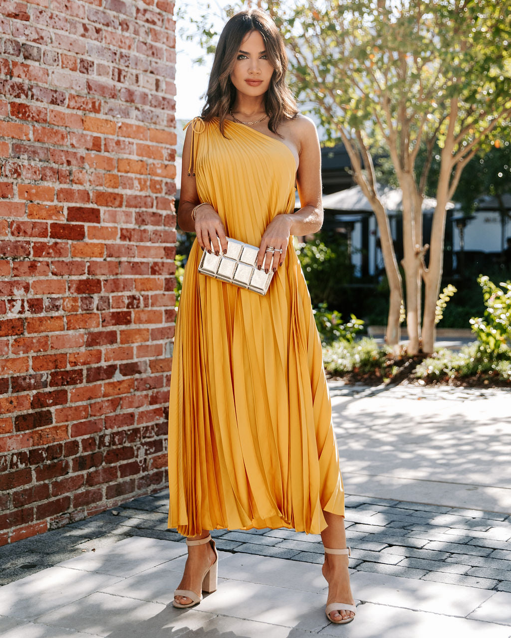 Melina Satin One Shoulder Pleated Midi Dress - Marigold - Se7enfashion