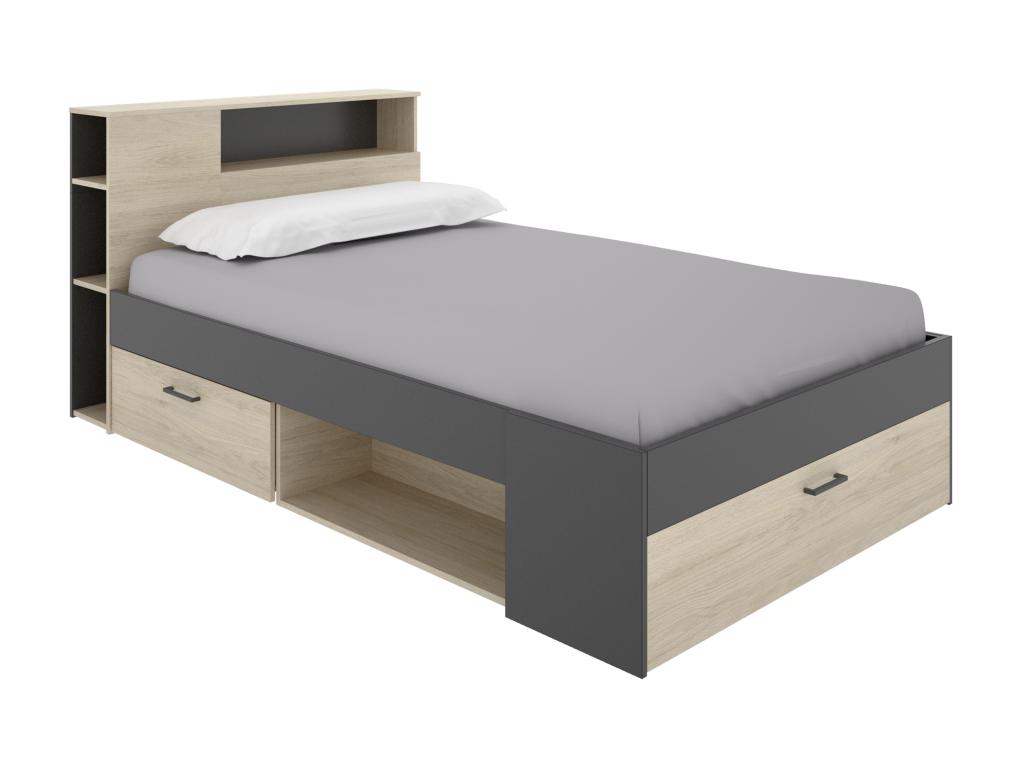 Cama con cabecero y almacenamiento 120 x 190 cm - natural y antracita