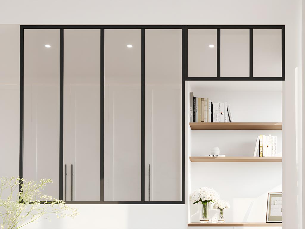 Cristalera estilo taller con travesaño de aluminio termolacado - Ancho 120 x Alt. 130 + Ancho 73 x Alt. 40 cm - Negro - BAYVIEW