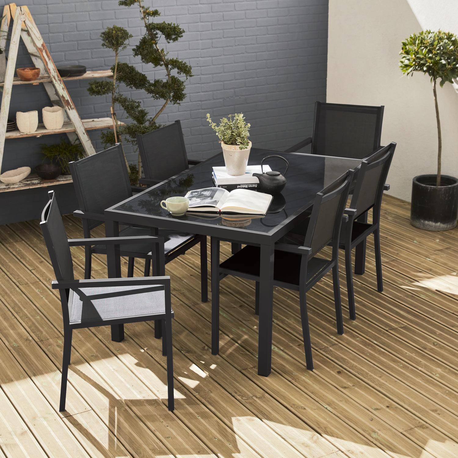 Capua 150 - Mesa de jardín de aluminio con 6 sillas de textileno