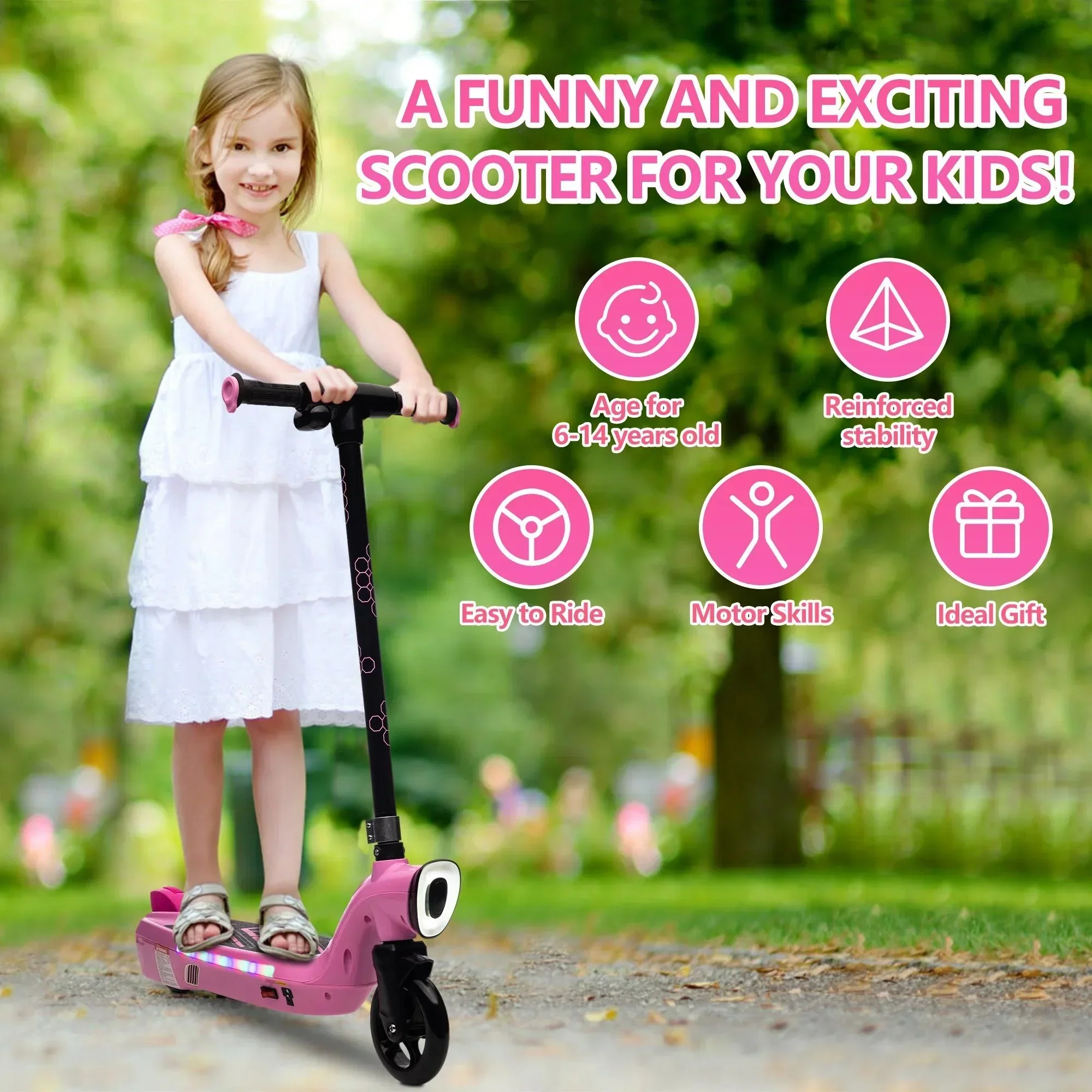 iRerts Kids Electric Scooter 12V 45W With Front Light, Rear Brake And Colorful Deck Light - Pink - Image 4 iRerts Kids Electric Scooter 12V 45W With Front Light, Rear Brake And Colorful Deck Light - Pink - Image 4