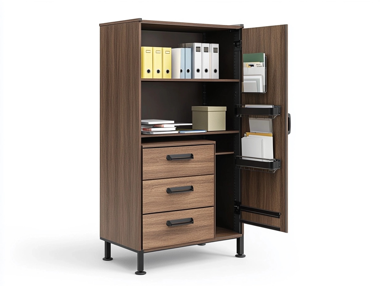 Armario archivador de madera color nogal para oficina 120x80x40 cm con estantes y cajones almacenamiento multifuncional HY1501603