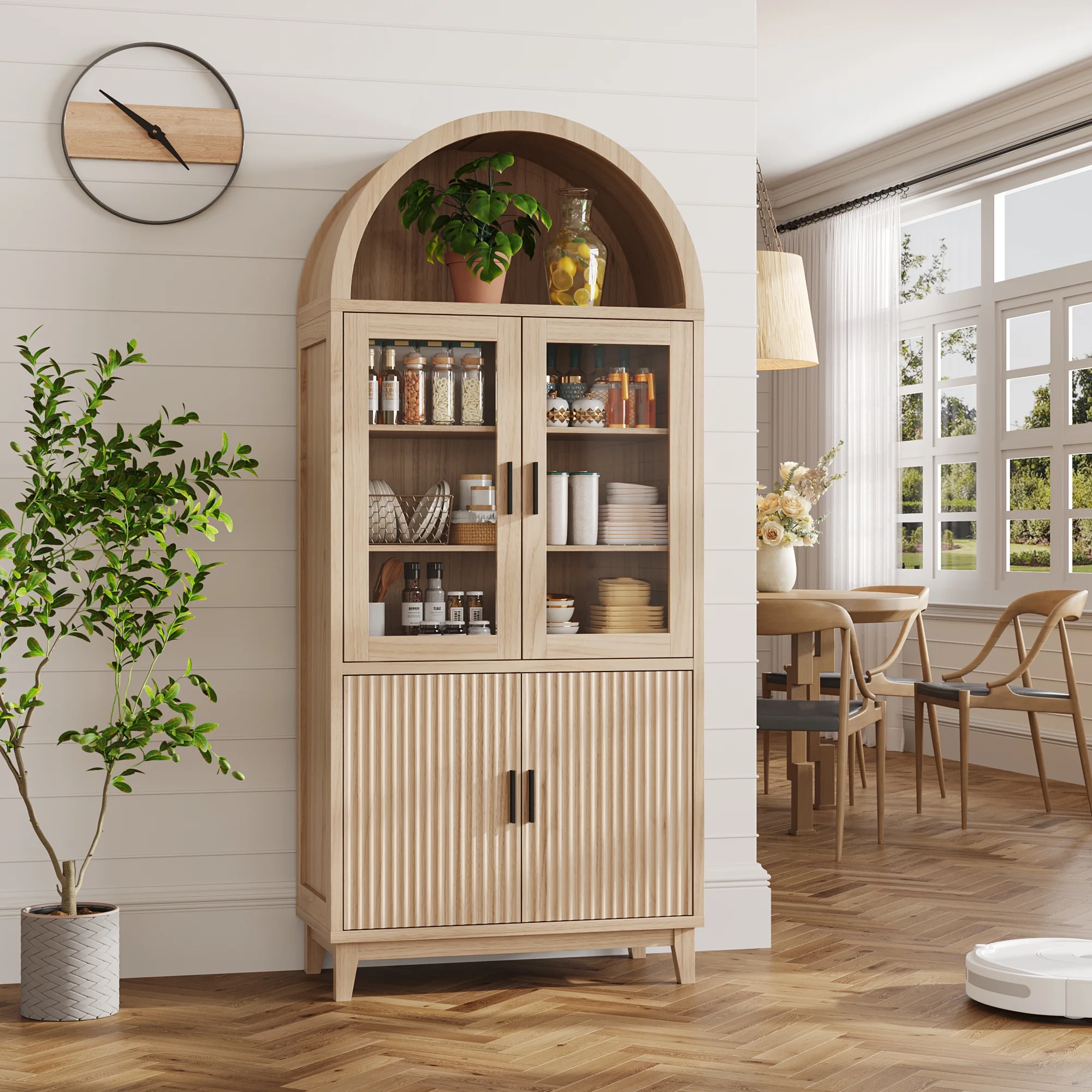 VEANERWOOD 71" Tall Arch Cabinet, Wood Fluted Kitchen Kitchen Storage Cabinet with 4 Doors and 6 Shelves for Dining Room Living Room - Image 30