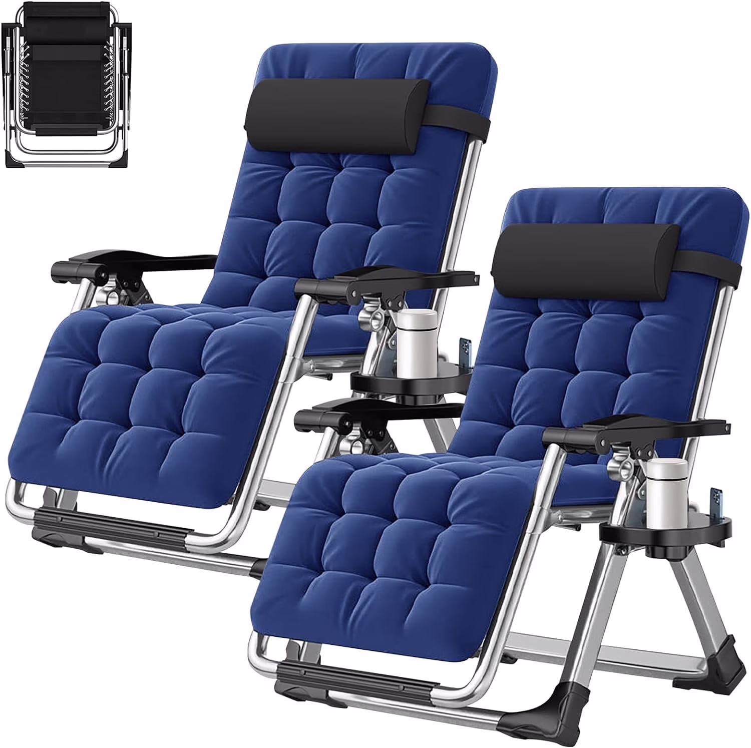 NAIZEA 2 Pack Zero Gravity Chair, Foldable Portable Lawn Recliner with Cushion, Headrest, Cup Holder, Black