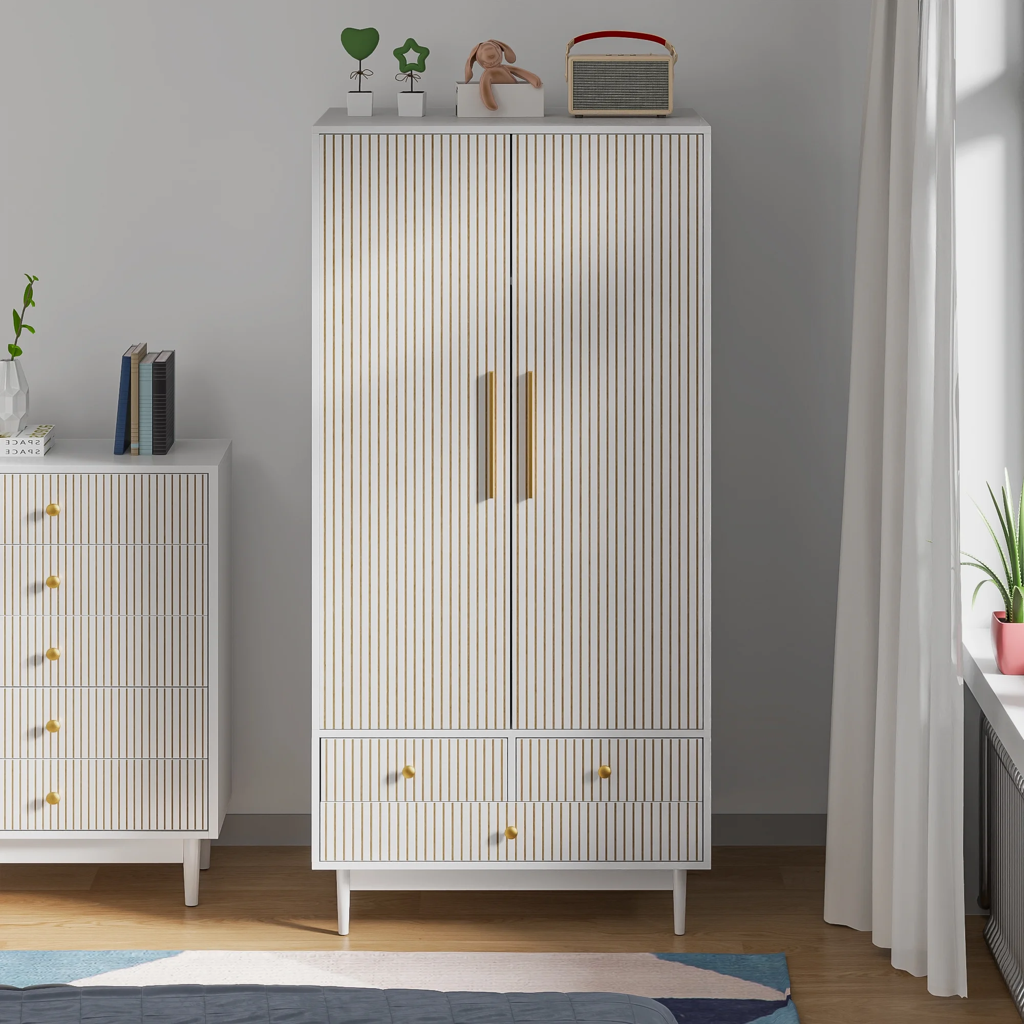 Oubayajia Wardrobe Armoire Closet, 2 Fluted Doors Wardrobe Cabinet with 3-Drawer and Hanging Rod, Wood Wardrobe Storage for Bedroom - Image 20
