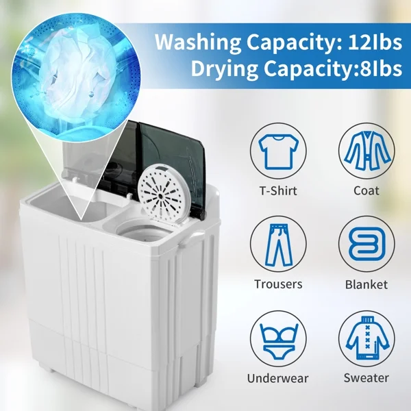20Lb Twin Tub Washing Machine w/ Built-In Pump - Semi-Automatic 1300RPM Compact Washer for Apartment, Dorm, RV, Camping, White/Black - Image 9