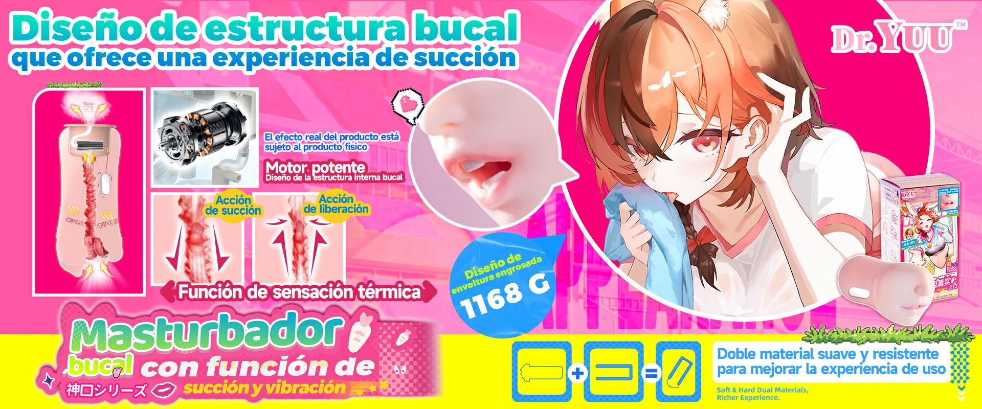 Masturbador bucal Dr.YUU Rin con succión, vibración y estructura interna de boca realista.