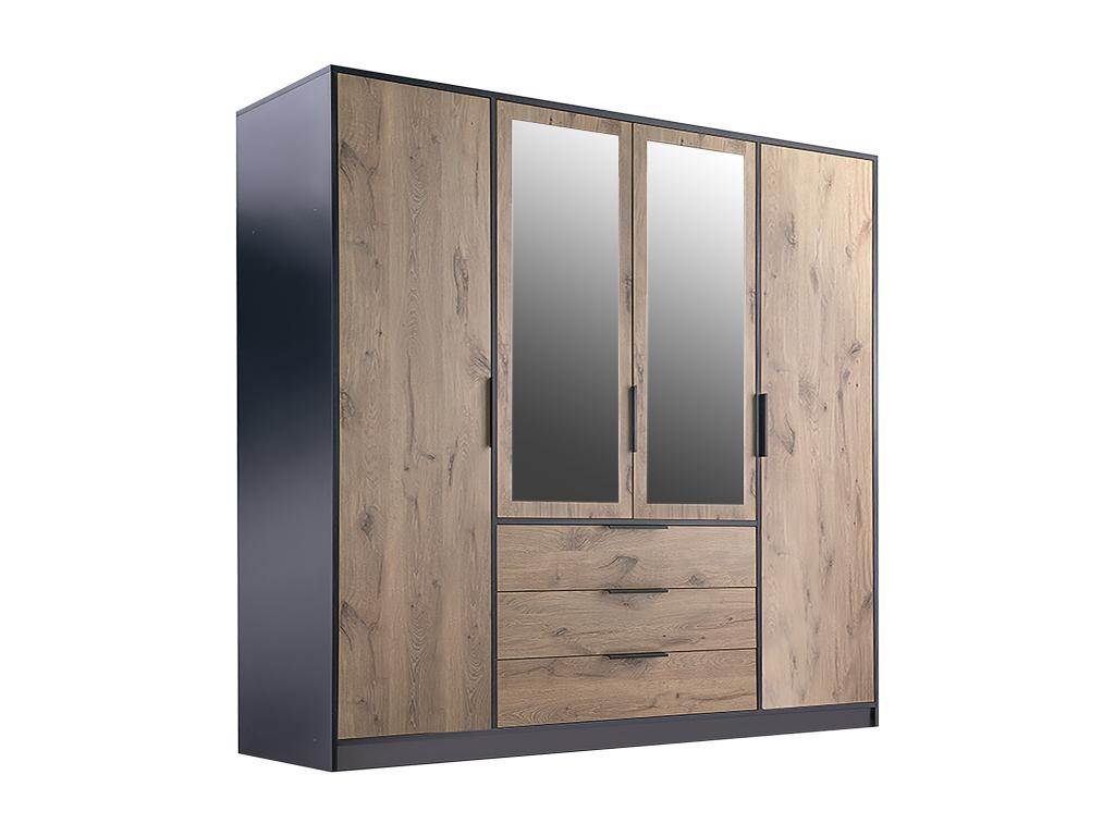 Armario 4 puertas y 3 cajones - Con espejos - Ancho 196 cm - Color: Natural y negro - LAMIKI