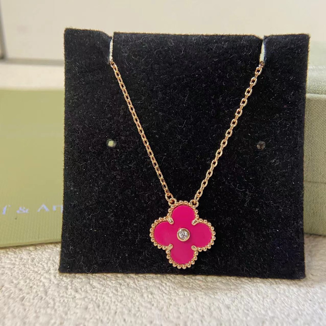 VCA Diamond Rose Red Vintage Alhambra Pendant Necklace - Original Replica Club