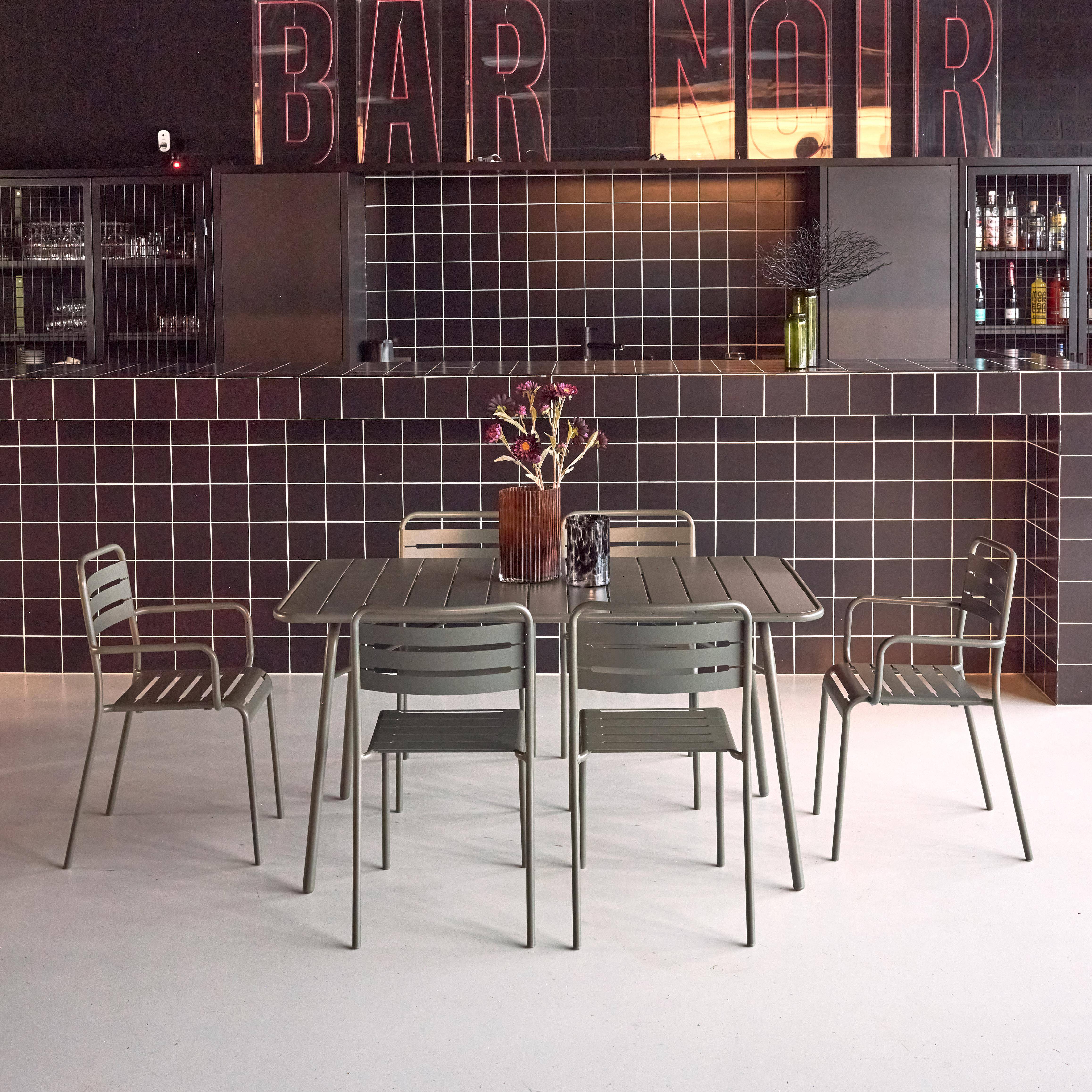 Amelia - Set mesa de jardín bistró plegable de acero con 2 sillones y 4 sillas, 140cm