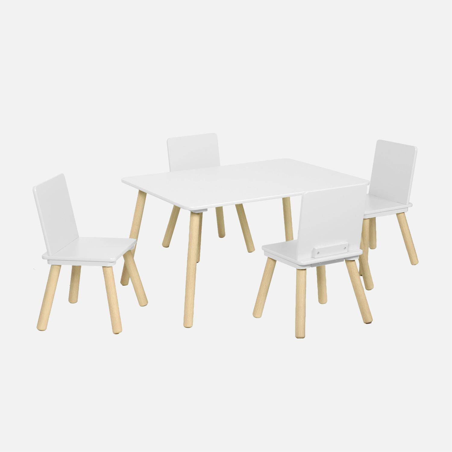 Judith - Mesa rectangular infantil de madera de pino, 4 sillas