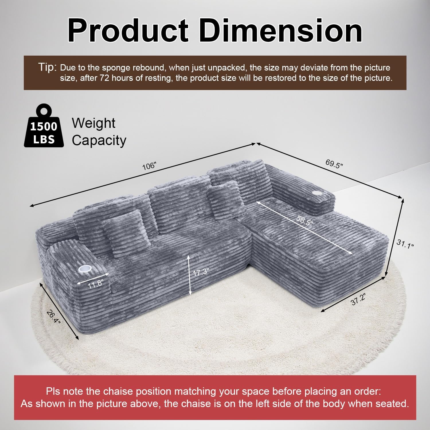 Cloud Sectional Couch with L-Shape Chaise Modern Modular Sofa Deep Seat Built-in Cup Holder