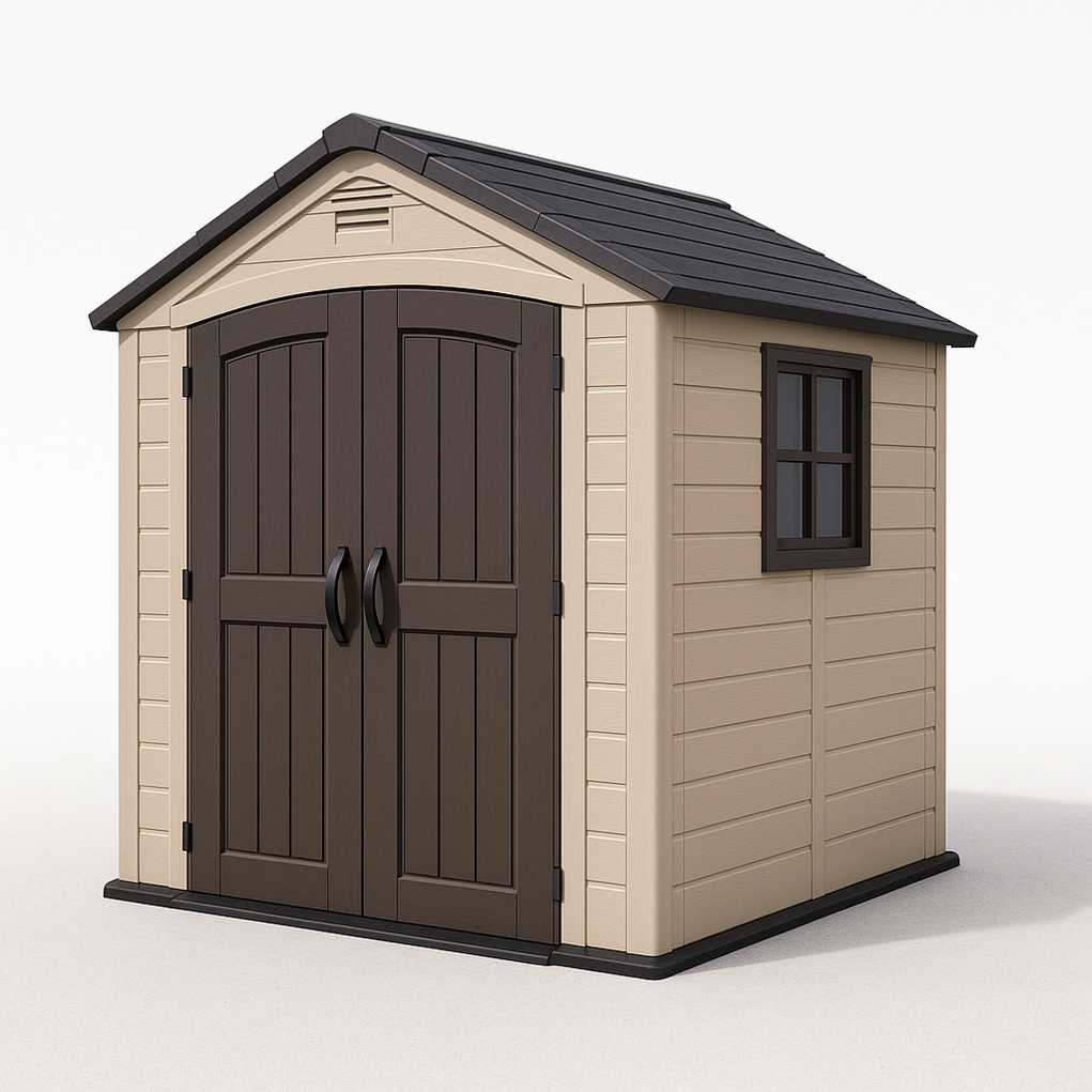 Caseta de jardín de resina rectangular exterior beige/marrón 220x210x230 cm pIpAlnv388Ws