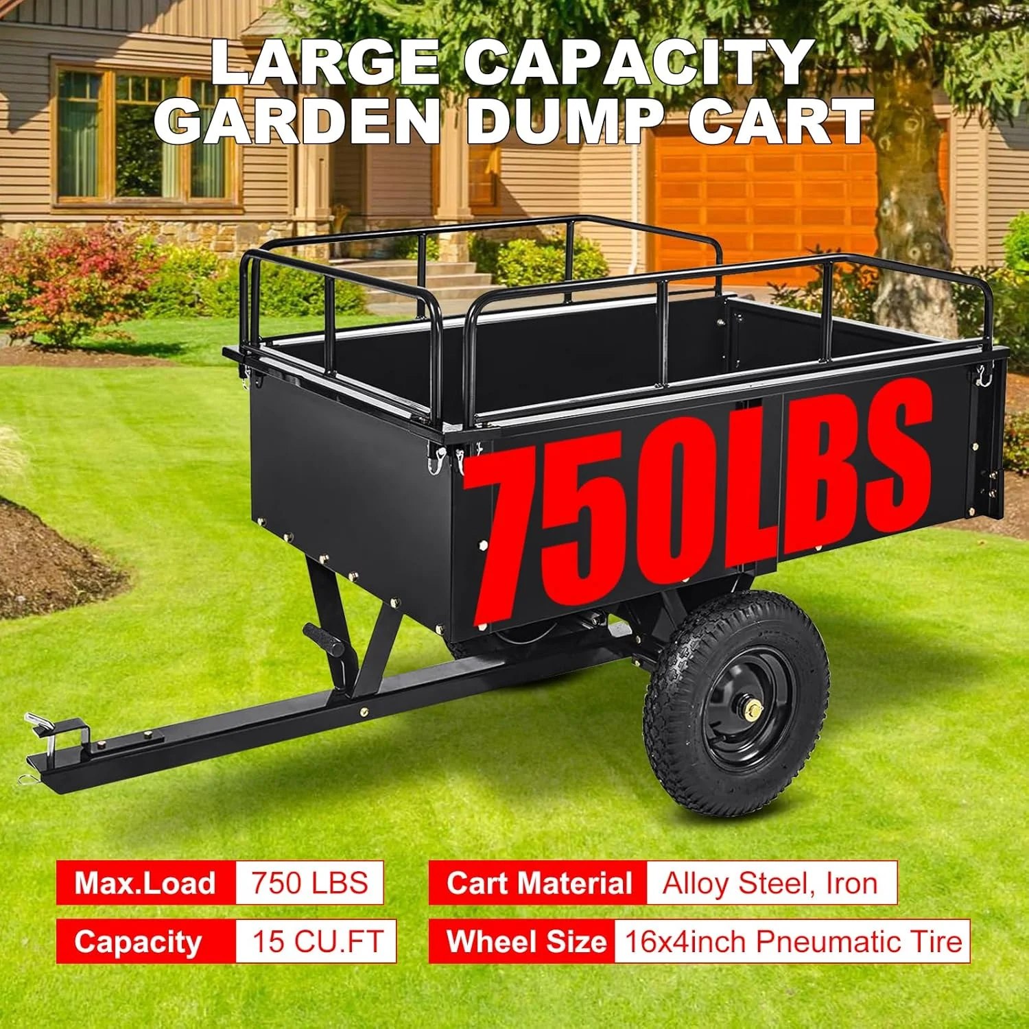 Heavy Duty Steel ATV Trailer,1600 Lbs Dump Cart, 15 Cubic Feet, Removable Sides, for Riding Lawn Mower Tractor - Image 10