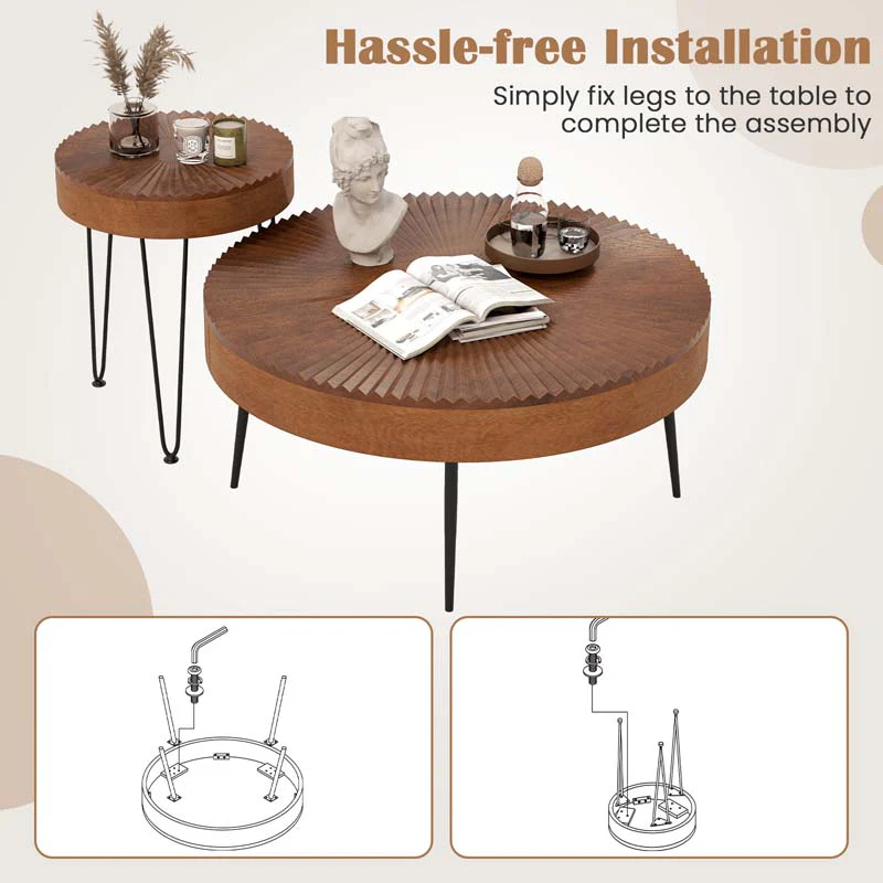 Eletriclife Set of 2 Boho Round Coffee Table with Solid Pine Wood Top and Metal Legs