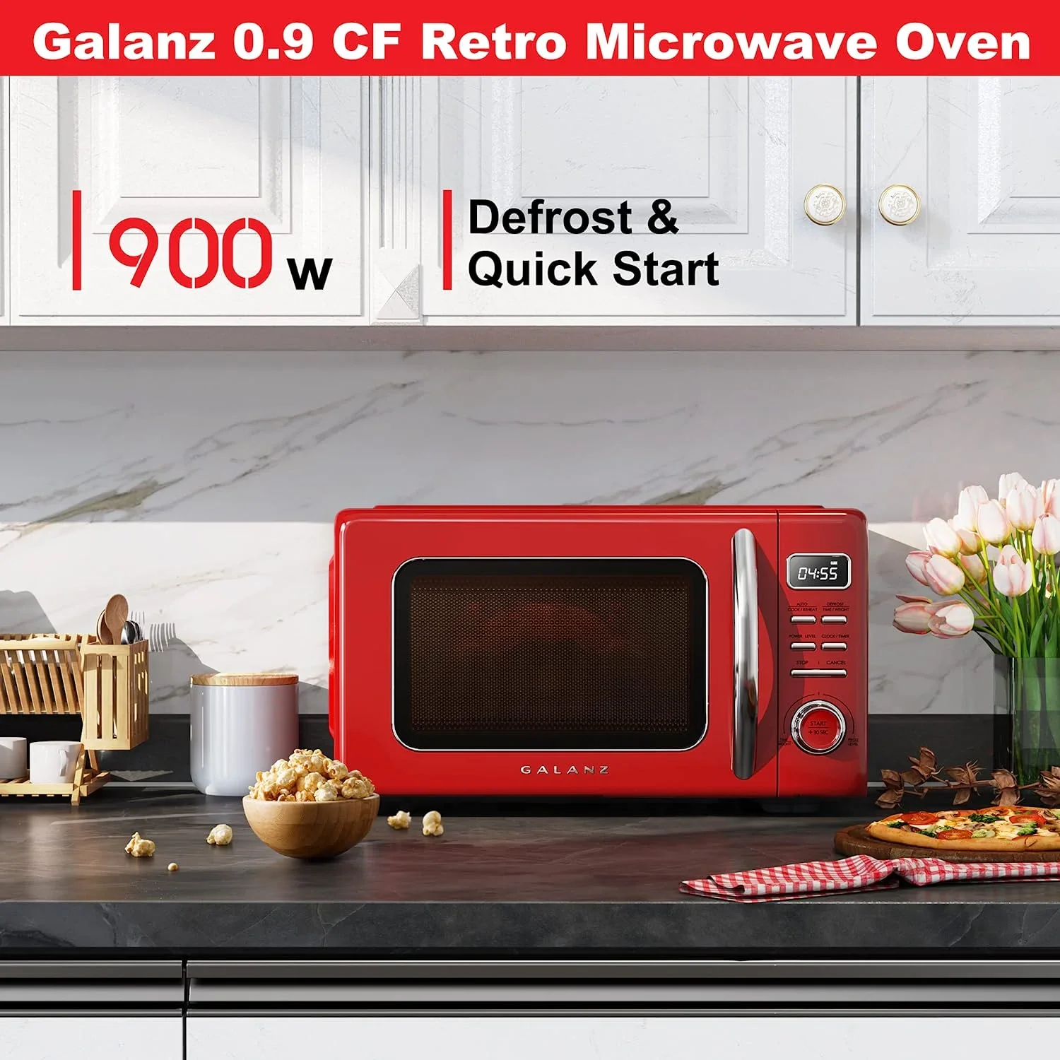 Galanz Retro Countertop Microwave Oven with Auto Cook & Reheat, Defrost, Quick Start Functions, Easy Clean with Glass Turntable, Pull Handle, .9 cu ft, Black