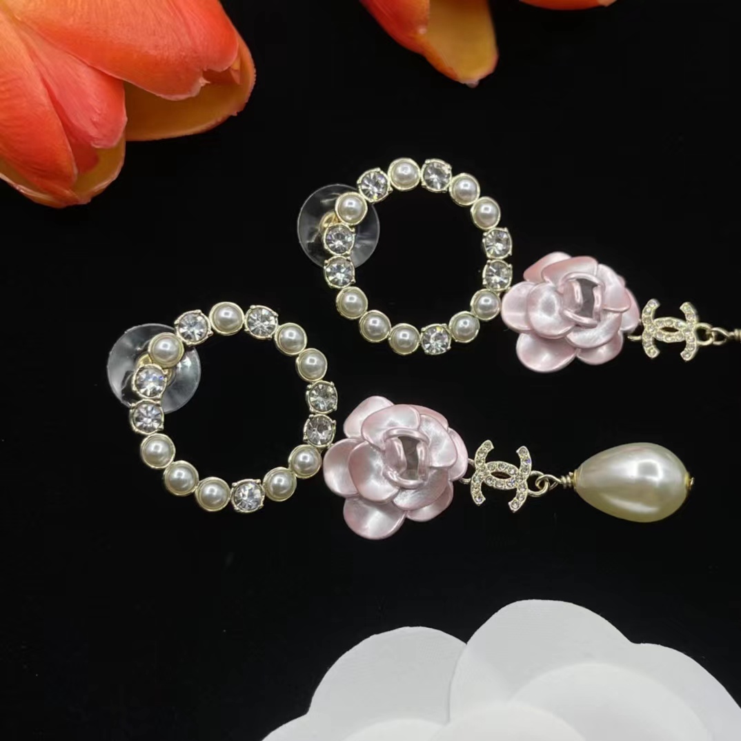 Chanel Pink Camellia Pearl Dangle Earrings - Original Replica Club
